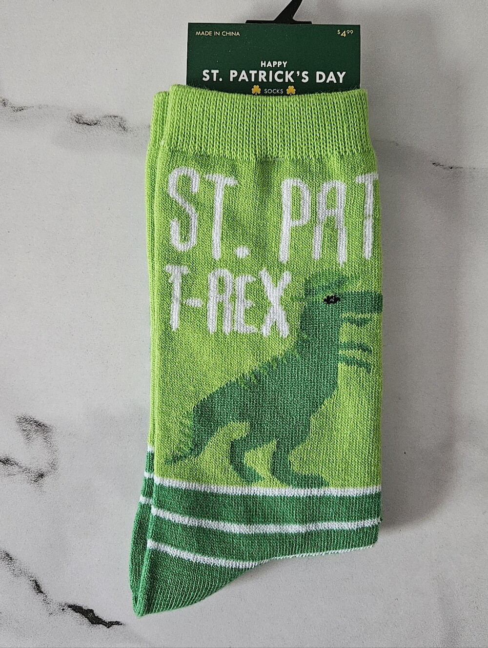 St. Patrick's Day Theme "ST. PAT T-REX" Green Crew Socks (Women 4-10)